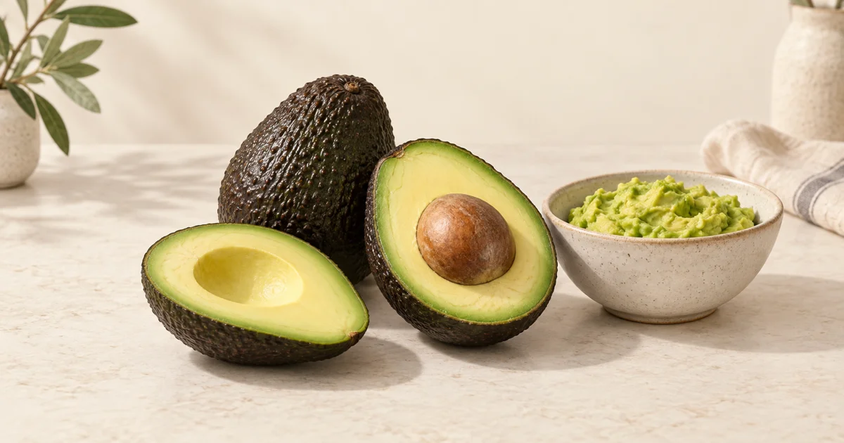 Whole and halved avocado beside a bowl of mashed avocado